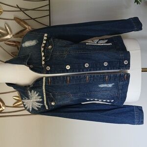 REworked Embellished Rhinestone Denim Jacket with Appliques and Beaded Accents